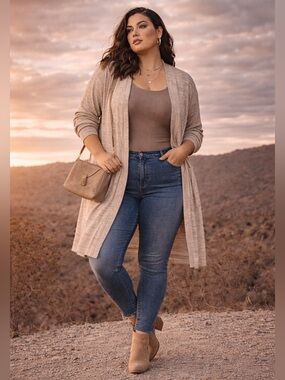 IN EVERY STORY by PENN Marled Ribbed Knit Open Front Duster Cardigan Neutral 5X